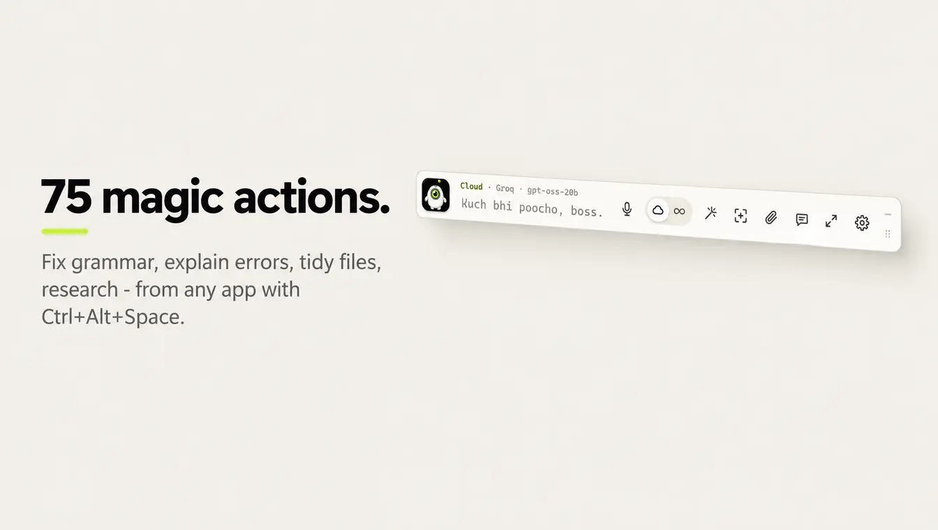 Gullu marketing image: “75 magic actions. Fix grammar, explain errors, tidy files, research — from any app with Ctrl+Alt+Space.”